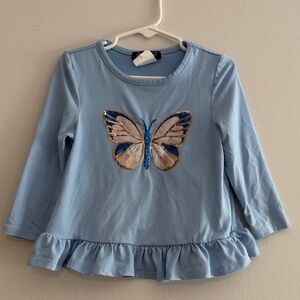 Girls Light Blue Long-Sleeve Butterfly Peplum Top by